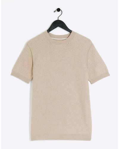 River Island Slim Fit Textured Knitted T-shirt - Natural