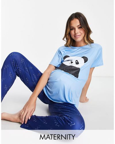 Loungeable Zwangerschapskleding - Bamboozled Panda - Pyjamaset Met legging - Blauw