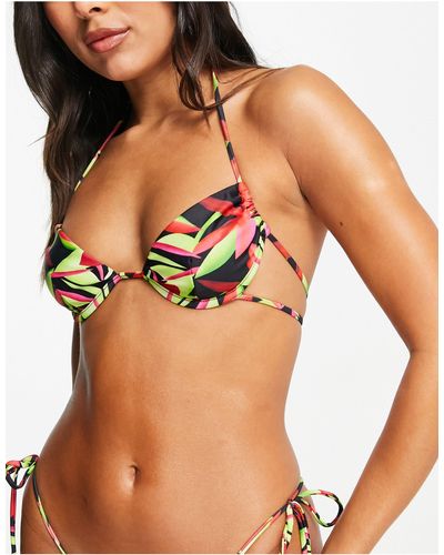 Public Desire Top bikini con coppe con stampa a fiori con palma - Nero