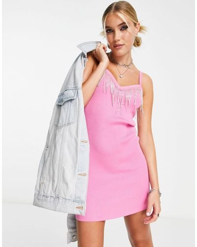 Miss Selfridge Diamante Fringe Knit Mini Dress - Pink