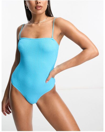 Monki Ribbed Bandeau Swimsuit With Removable Straps - Blue