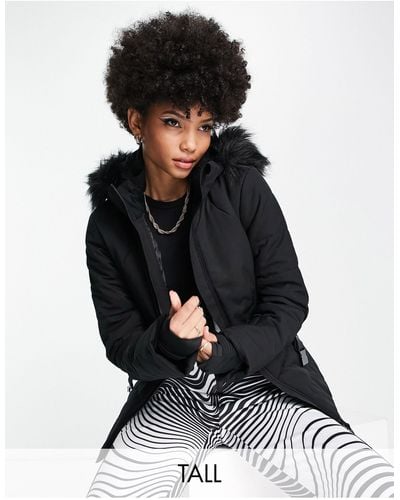 ASOS 4505 Tall Ski Belted Jacket With Faux Fur Hood - Black