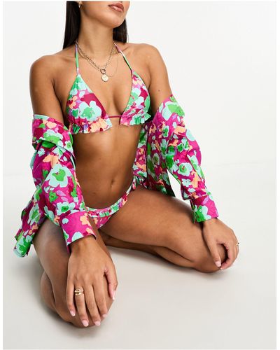 ONLY Triangel Bikinitop Met Ruches En Roze Bloemenprint, Deel Van Co-ord Set - Meerkleurig