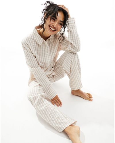 Luna Camicia del pigiama mix & match oversize beige a quadretti - Bianco