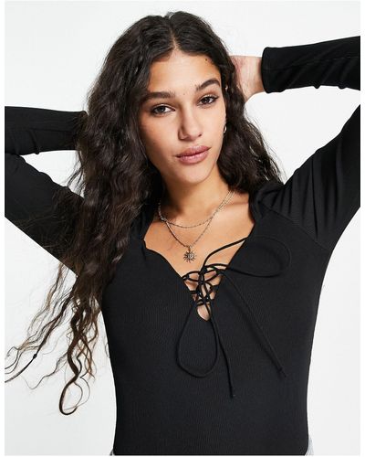 Pimkie Lace Up Detail Long Sleeve Body - Black