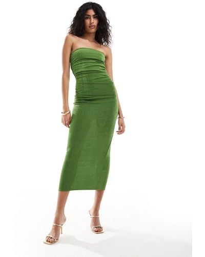 New Look Ruched Side Bandeau Midi Dress - Green