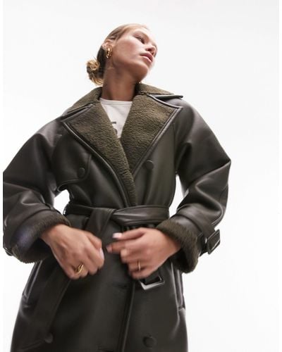 TOPSHOP Faux Leather Bonded Borg Trench Coat - Brown