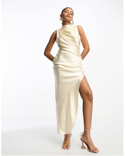 ASOS Satin High Neck Drape Maxi Dress With Open Back And High Split - White