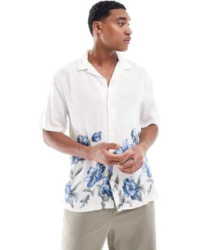 Abercrombie & Fitch Blue Floral Print Linen Blend Short Sleeve Shirt - White