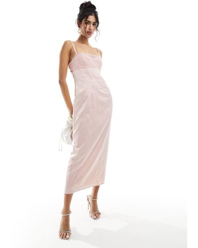 ASOS Satin Corset Pencil Midi Dress With Lace Overlay - White
