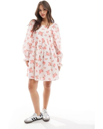 Y.A.S Puff Sleeve Floral Print Mini Dress - Pink
