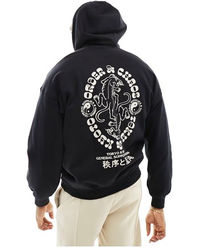Only & Sons Boxy Fit Hoodie With Tiger Back Print - Black