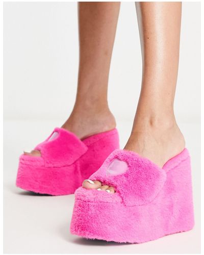 Daisy Street Exclusive Fluffy Platform Heels - Pink