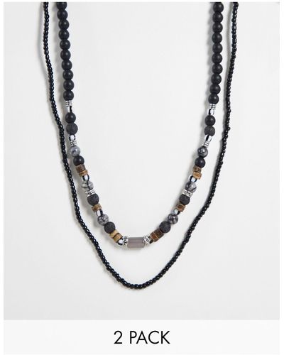 ASOS 2 Pack Beaded Necklace Set With Black And Brown Stones - Multicolour