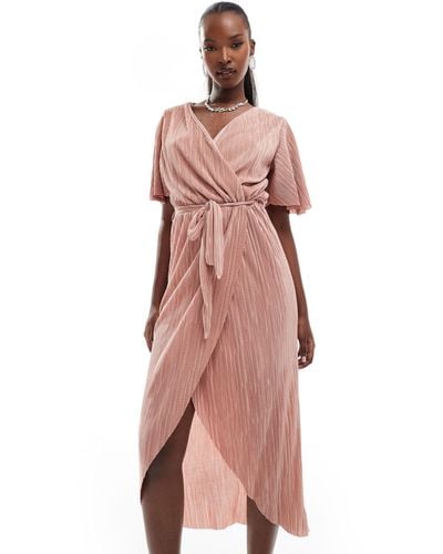 AX Paris Short Sleeve Wrap Plisse Midi Dress - Pink