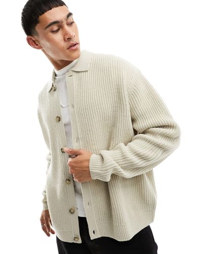 ASOS Knitted Relaxed Fisherman Rib Button Through Polo - Natural