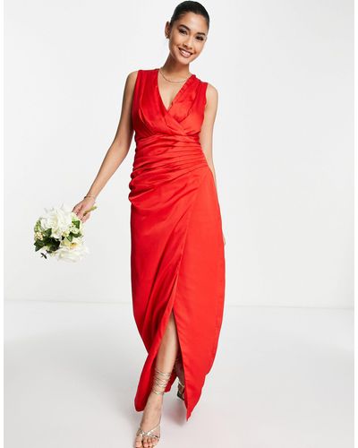 Liquorish Satin Wrap Front Maxi Dress - Red
