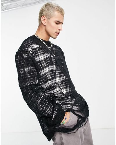 Jaded London Oversized Sweater With Tartan Knit Overlay - Black