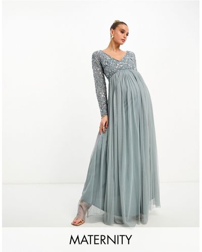 Beauut Maternity Bridesmaid Wrap Front Maxi Dress With Mutli Coloured Embroidery And Embellishment - Blue