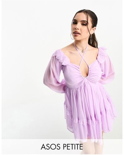 ASOS Asos design petite - robe babydoll courte à épaules dénudées et épaules volantées avec lien noué sur la nuque - lilas - Rose