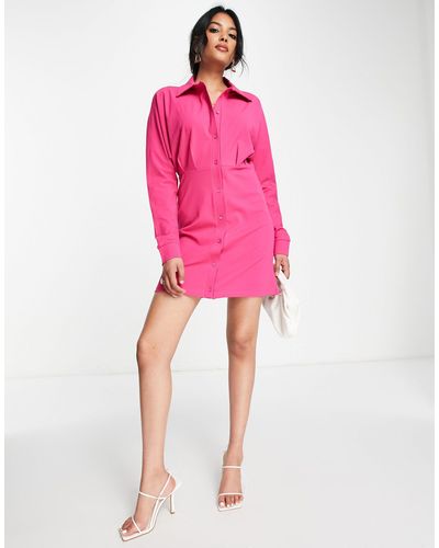 ASOS Long Sleeve Mini Shirt Dress With Ruching Detail - Pink