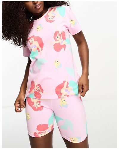 Loungeable – arielle, die meerjungfrau – er pyjama aus t-shirt & leggings-shorts - Pink