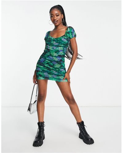 Stradivarius Mini-jurk Van Gerimpeld Mesh Met Print - Groen