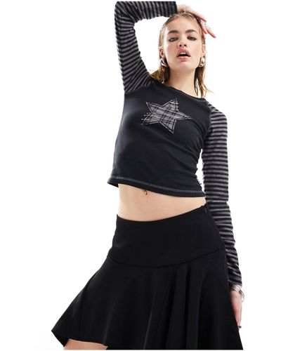 Minga London Stripe Sleeve Fitted Long Sleeve Top With Star Patch - Black