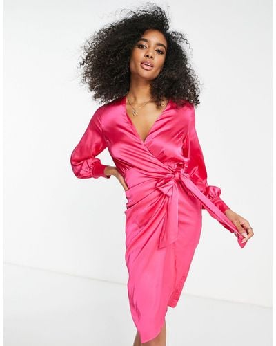 Never Fully Dressed Satin Wrap Midi Dress - Pink