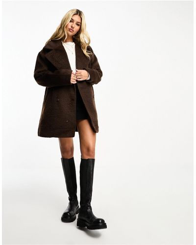 Monki Brushed Fur Double Breasted Coat - Brown