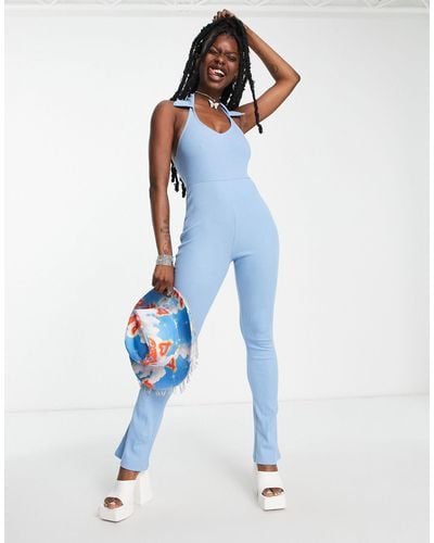 Collusion Ribbed Collar Jumpsuit - Blue