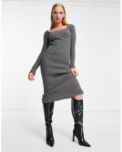 EDITED Square Neck Fitted Jumper Dress - Grey