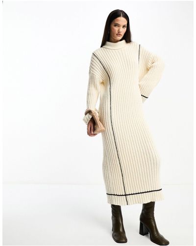 Y.A.S High Neck Knitted Sweater Midi Dress - Natural