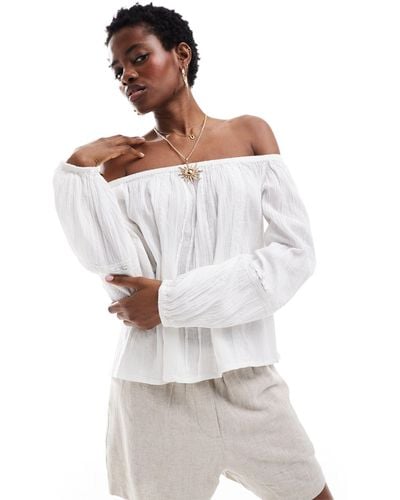 Monki Off Shoulder Blouse With Pleated Bodice And Volume Sleeves - White