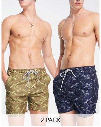Threadbare Confezione da 2 paia di pantaloncini da bagno blu navy e kaki con stampa di tartarughe marine