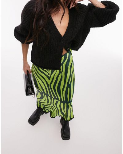 TOPSHOP Zebra Print Satin Midi Skirt - Green
