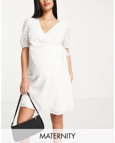 Missguided Broderie Puff Sleeve Wrap Dress - White