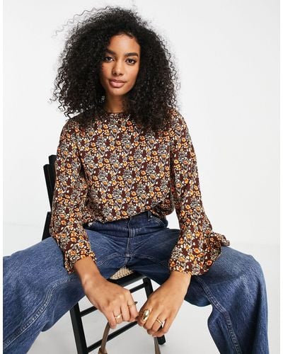 Y.A.S . Olima Floral Print Flared Sleeve Top - Brown