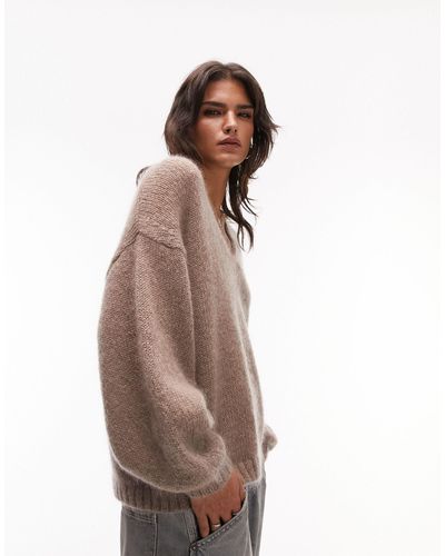 TOPSHOP Premium Knit V-neck Mohair Sweater - Brown