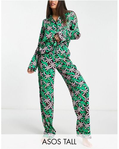 ASOS Asos Design Tall Christmas Santa Baby Satin Shirt & Trouser Pajama Set - Green