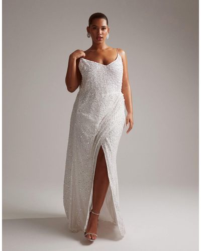 ASOS Asos Design Curve Nia Embellished Drape Side Cami Maxi Wedding Dress In - Natural