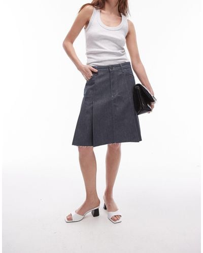 TOPSHOP Denim Knee Length Pleated Skirt - Blue