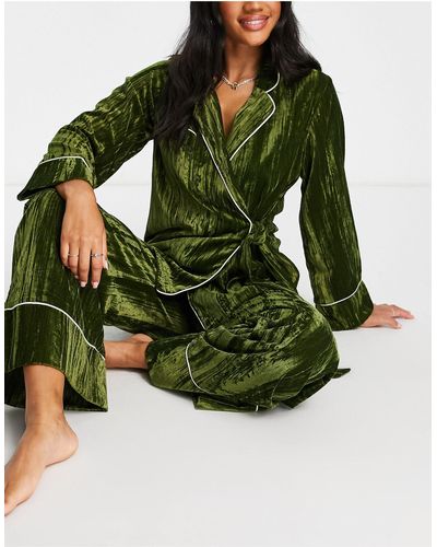 Lost Ink Crushed Velvet Wrap Front Wide Leg Pajama Set - Green