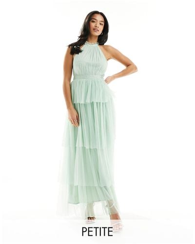 Vila Bridesmaid Halterneck Tulle Midi Dress With Tiered Skirt - Green