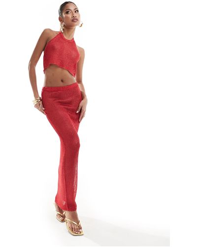 In The Style X Perrie Sian Exclusive Fine Knit Sequin Maxi Skirt Co-ord - Red