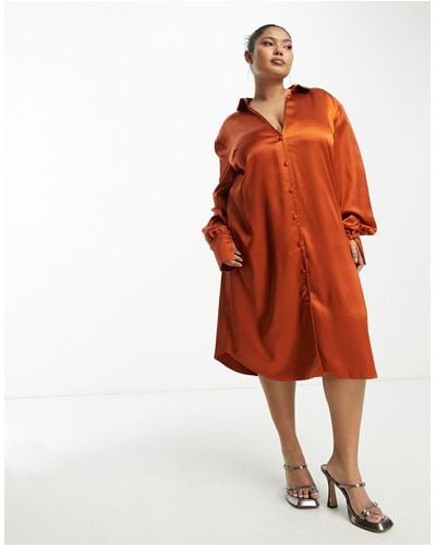 ASOS Asos Design Curve Slouchy Satin Plunge Shirt Midi Dress - Orange