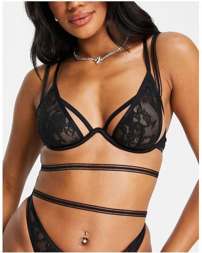 Lost Ink Floral Mesh Monowire Plunge Bra With Strapping Detail - Black
