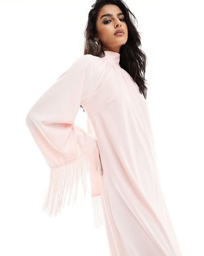 Pretty Lavish One Shoulder Fringe Maxi Dress - Pink