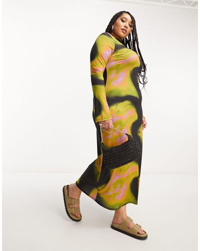 Collusion Plus Abstract Print Long Sleeve Maxi Dress - Yellow