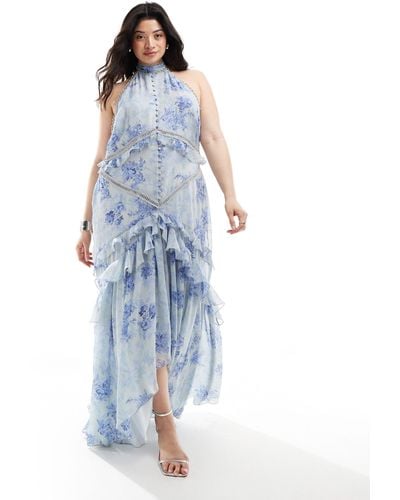 ASOS Asos Design Curve Lace Insert Halter Tiered Maxi Dress With Circle Trim - Blue